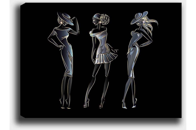 Lerretsbilde 70x100 cm - Silhuetter av tre elegante kvinner i moteklær - Svart / Gull / Hvit - Innredning - Bilder & kunst - Lerretsbilder
