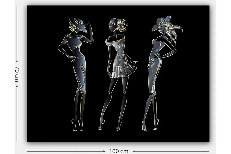 Lerretsbilde 70x100 cm - Silhuetter av tre elegante kvinner i moteklær - Svart / Gull / Hvit - Innredning - Bilder & kunst - Lerretsbilder