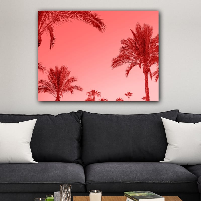 Lerretsbilde 70x100 cm - Silhuetter av palmer mot en rødlig himmel - Rød / Rosa - Innredning - Bilder & kunst - Lerretsbilder