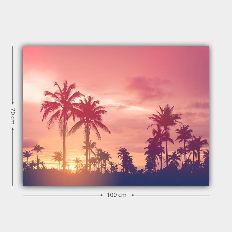 Lerretsbilde 70x100 cm - Silhuetter av palmer mot en fargerik solnedgang - Rosa / Lilla / Svart - Innredning - Bilder & kunst - Lerretsbilder