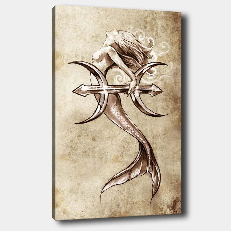 Lerretsbilde 70x100 cm - Sirene som holder en trefork og rekker ut mot himmelen - Beige / Brun / Hvit - Innredning - Bilder & kunst - Lerretsbilder