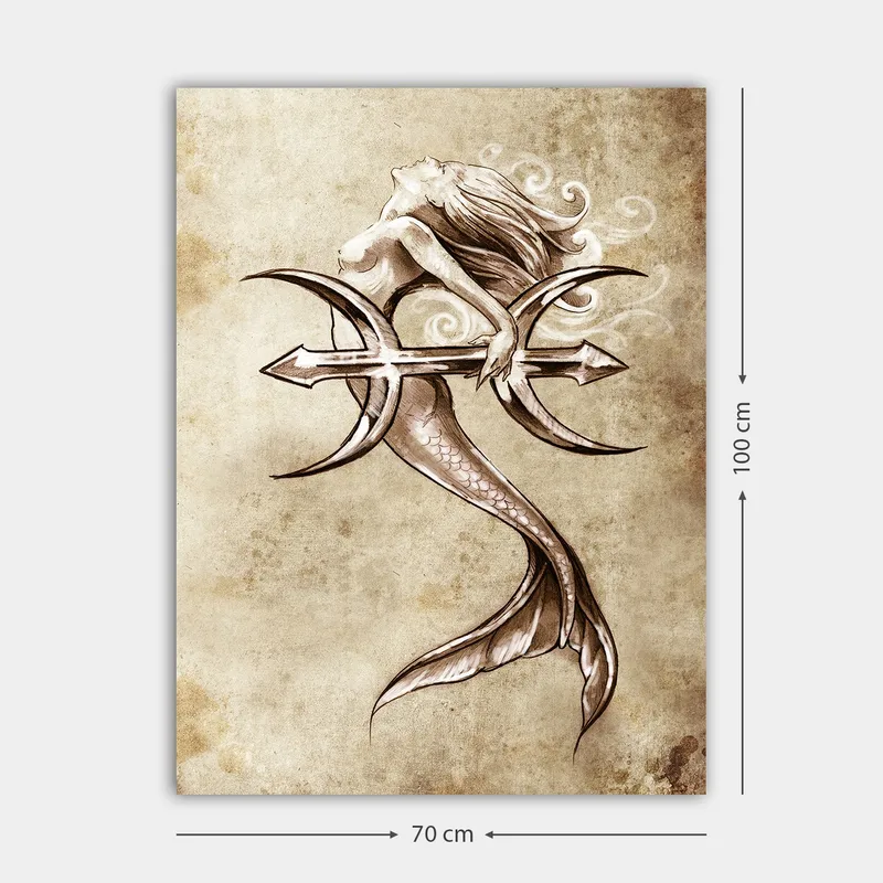 Lerretsbilde 70x100 cm - Sirene som holder en trefork og rekker ut mot himmelen - Beige / Brun / Hvit - Innredning - Bilder & kunst - Lerretsbilder