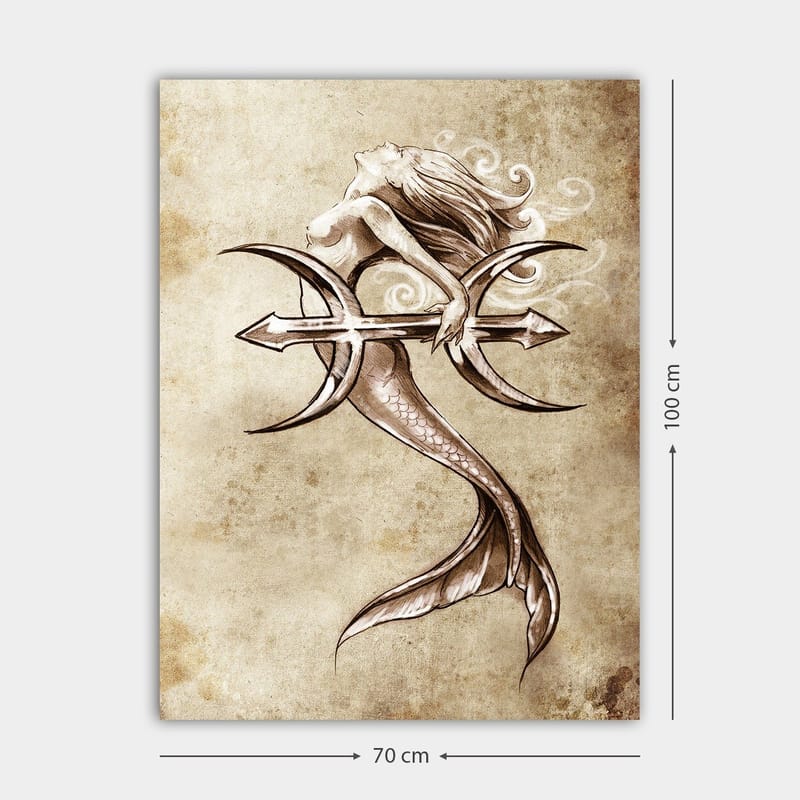 Lerretsbilde 70x100 cm - Sirene som holder en trefork og rekker ut mot himmelen - Beige / Brun / Hvit - Innredning - Bilder & kunst - Lerretsbilder