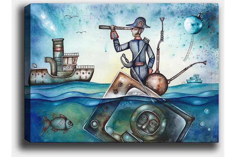 Lerretsbilde 70x100 cm - Sjømann som står på en båt og ser gjennom en kikkert over havet, omgitt av ulike maritime elementer - Blå / Grønn / Brun - Innredning - Bilder & kunst - Lerretsbilder