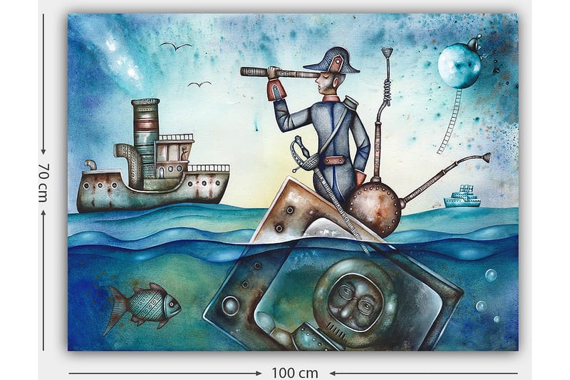 Lerretsbilde 70x100 cm - Sjømann som står på en båt og ser gjennom en kikkert over havet, omgitt av ulike maritime elementer - Blå / Grønn / Brun - Innredning - Bilder & kunst - Lerretsbilder