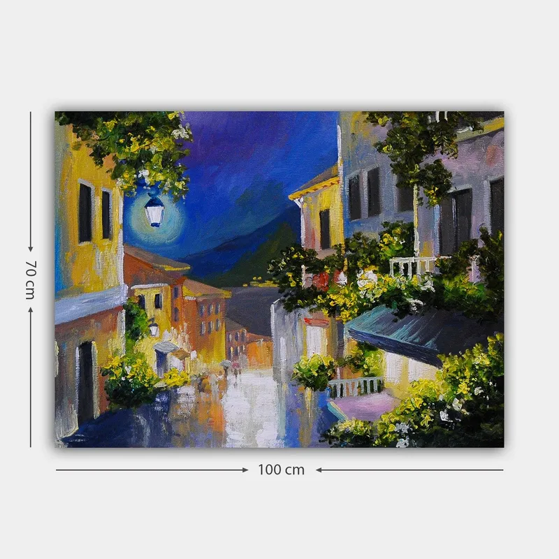 Lerretsbilde 70x100 cm - Sjarmerende smug med fargerike hus og en måne som skinner over landskapet - Gul / Blå / Grønn - Innredning - Bilder & kunst - Lerretsbilder