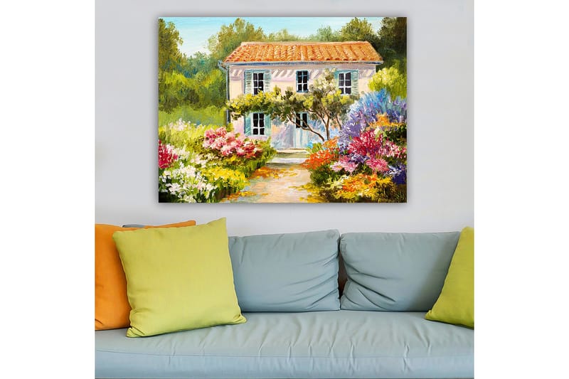 Lerretsbilde 70x100 cm - Sjarmerende villa omgitt av blomstrende hager - Grønn / Rosa / Blå - Innredning - Bilder & kunst - Lerretsbilder