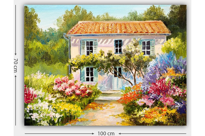 Lerretsbilde 70x100 cm - Sjarmerende villa omgitt av blomstrende hager - Grønn / Rosa / Blå - Innredning - Bilder & kunst - Lerretsbilder