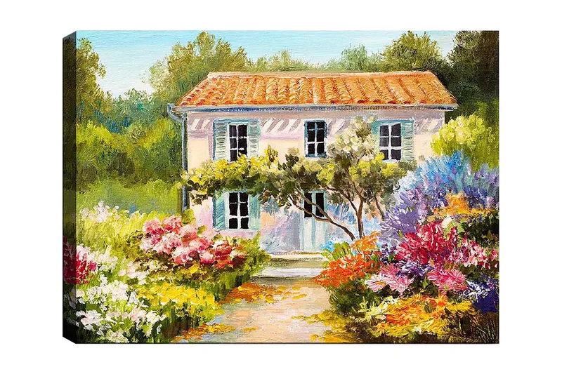 Lerretsbilde 70x100 cm - Sjarmerende villa omgitt av blomstrende hager, Grønn / Rosa / Blå