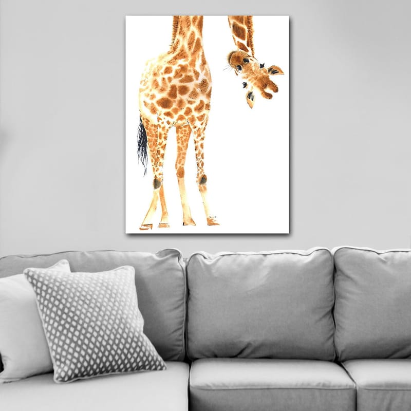 Lerretsbilde 70x100 cm - Sjiraff med karakteristiske flekker som strekker seg mot betrakteren - Oransje / Brun / Svart - Innredning - Bilder & kunst - Lerretsbilder