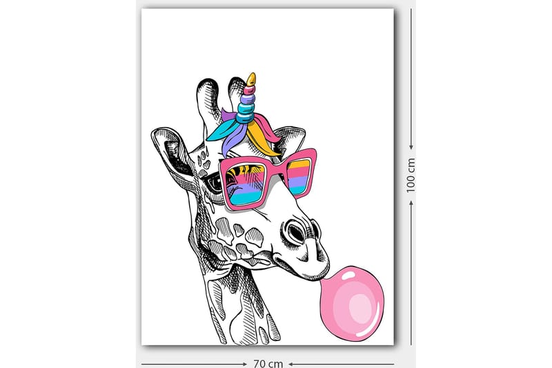 Lerretsbilde 70x100 cm - Sjiraff med solbriller som blåser bobler - Rosa / Blå / Lilla - Innredning - Bilder & kunst - Lerretsbilder