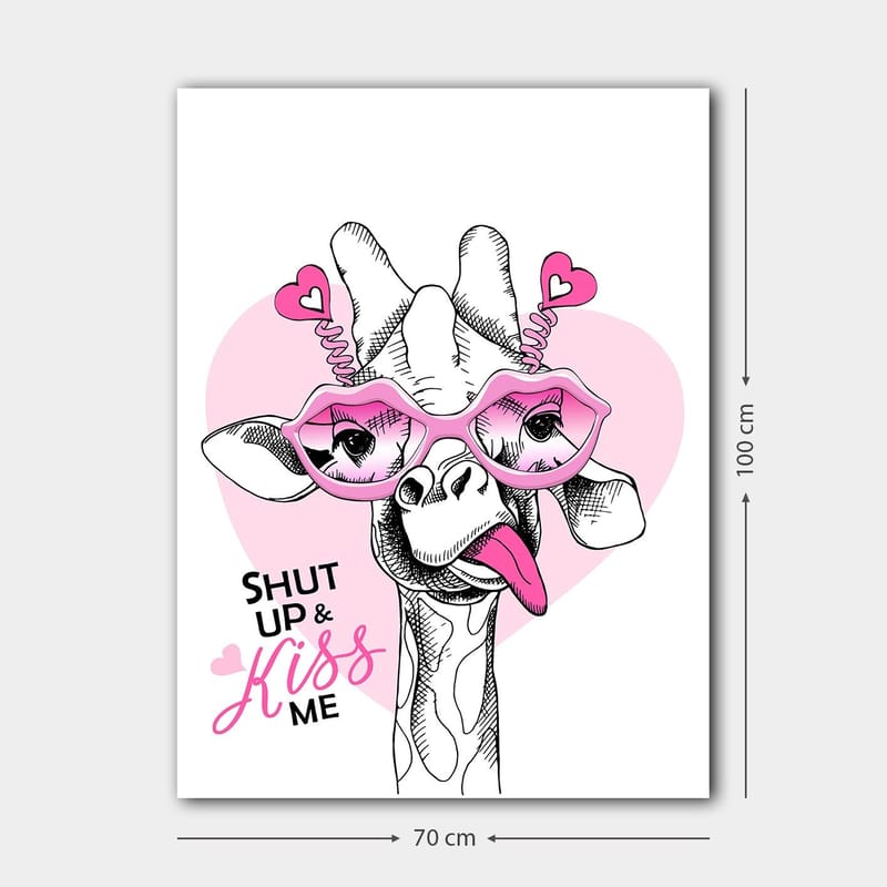 Lerretsbilde 70x100 cm - Sjiraff med store rosa briller og en leken holdning - Rosa / Svart / Hvit - Innredning - Bilder & kunst - Lerretsbilder