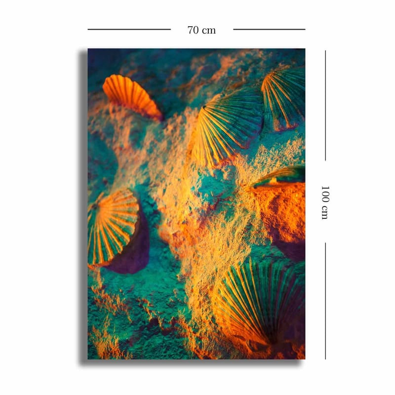 Lerretsbilde 70x100 cm - Skalldyr på sand med en fargerik og drømmende bakgrunn - Turkis / Oransje / Lilla - Innredning - Bilder & kunst - Lerretsbilder