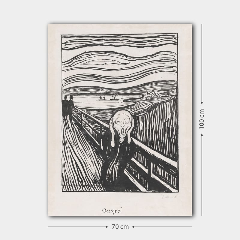 Lerretsbilde 70x100 cm - Skrikende figur står på en bro med en dramatisk bakgrunn av virvlende linjer og en mørk himmel - Svart / Hvit / Grå - Innredning - Bilder & kunst - Lerretsbilder