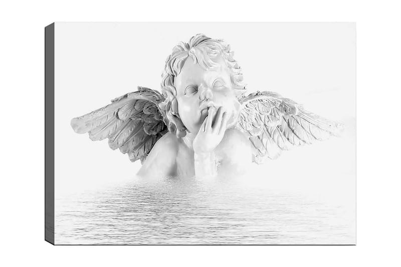 Lerretsbilde 70x100 cm - Skulptur av en engel med vinger som sitter i en tankefull positur, Hvit / Grå