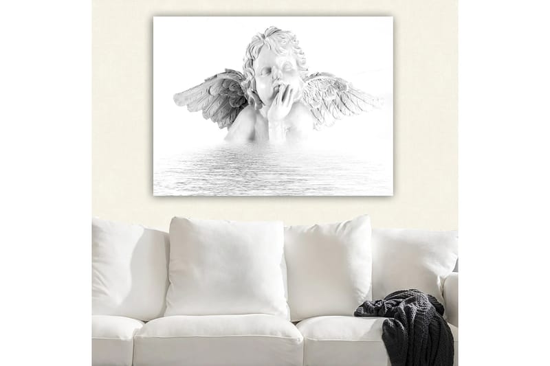 Lerretsbilde 70x100 cm - Skulptur av en engel med vinger som sitter i en tankefull positur - Hvit / Grå - Innredning - Bilder & kunst - Lerretsbilder