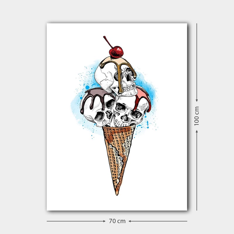 Lerretsbilde 70x100 cm - Skulptur av en iskrem med hodeskaller toppet med et kirsebær - Hvit / Brun / Rød - Innredning - Bilder & kunst - Lerretsbilder
