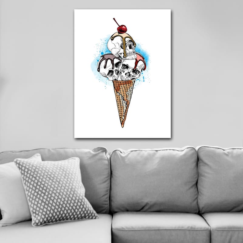 Lerretsbilde 70x100 cm - Skulptur av en iskrem med hodeskaller toppet med et kirsebær - Hvit / Brun / Rød - Innredning - Bilder & kunst - Lerretsbilder