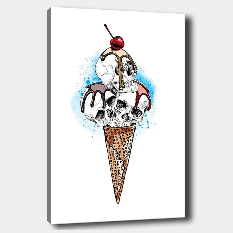 Lerretsbilde 70x100 cm - Skulptur av en iskrem med hodeskaller toppet med et kirsebær, Hvit / Brun / Rød
