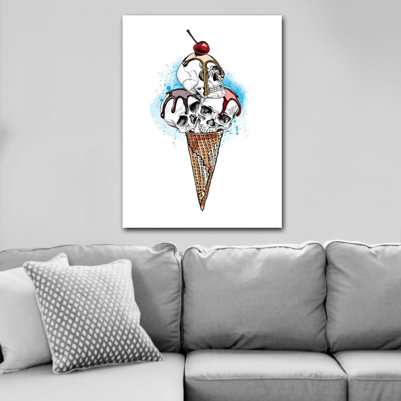 Lerretsbilde 70x100 cm - Skulptur av en iskrem med hodeskaller toppet med et kirsebær - Hvit / Brun / Rød - Innredning - Bilder & kunst - Lerretsbilder