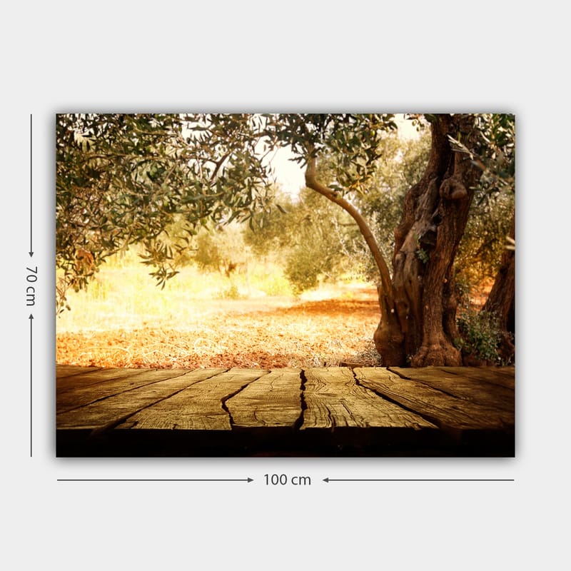 Lerretsbilde 70x100 cm - Solbelyst landskapsscene med oliventrær og en treoverflate i forgrunnen - Gull / Brun / Grønn - Innredning - Bilder & kunst - Lerretsbilder