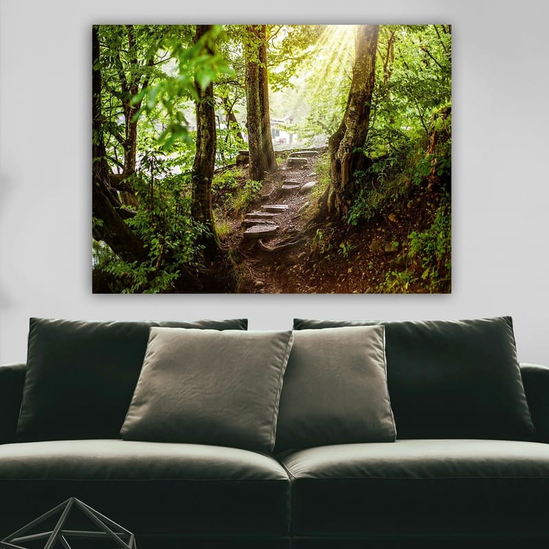 Lerretsbilde 70x100 cm - Solbelyst sti omgitt av grøntområder i et skogsmiljø - Grønn / Brun - Innredning - Bilder & kunst - Lerretsbilder