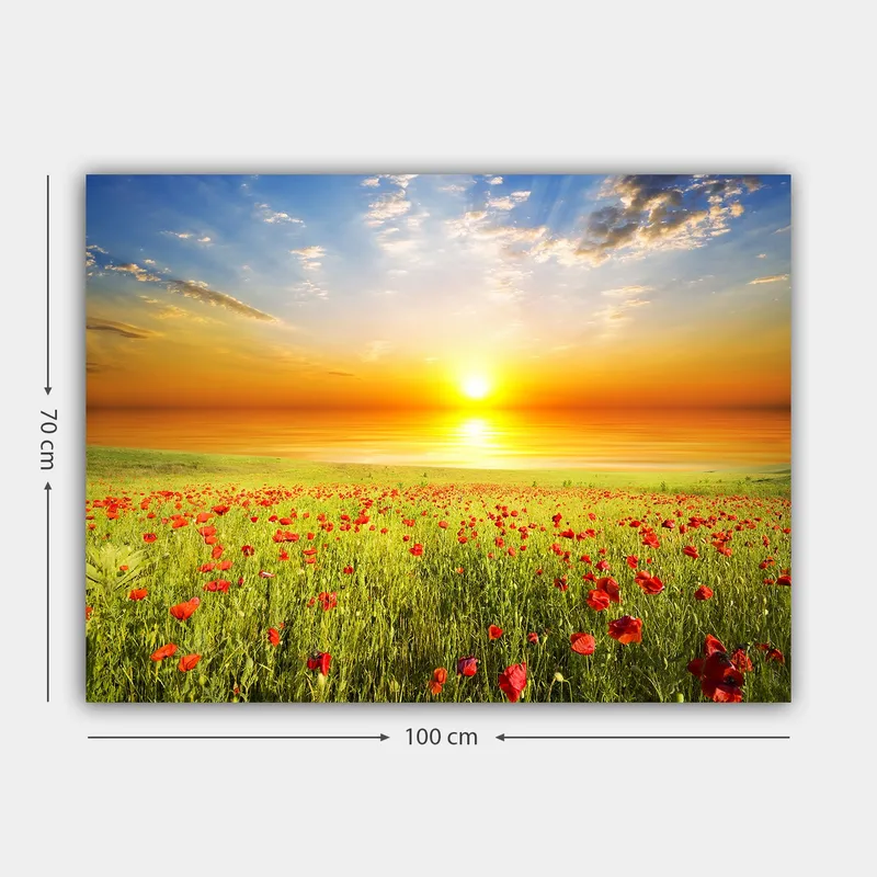 Lerretsbilde 70x100 cm - Solnedgang over et blomstrende felt med røde valmuer - Rød / Grønn / Oransje - Innredning - Bilder & kunst - Lerretsbilder
