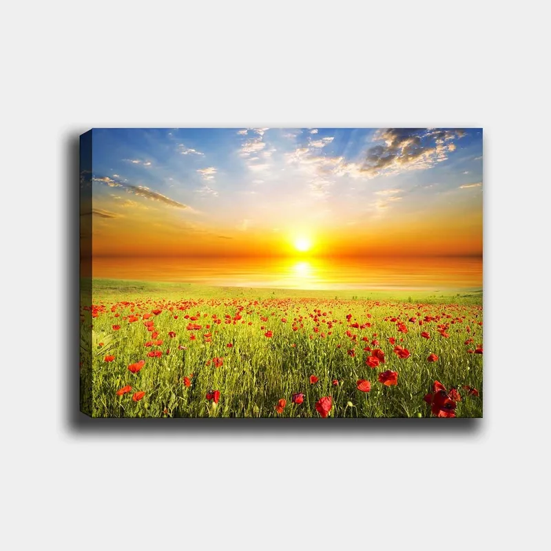Lerretsbilde 70x100 cm - Solnedgang over et blomstrende felt med røde valmuer, Rød / Grønn / Oransje