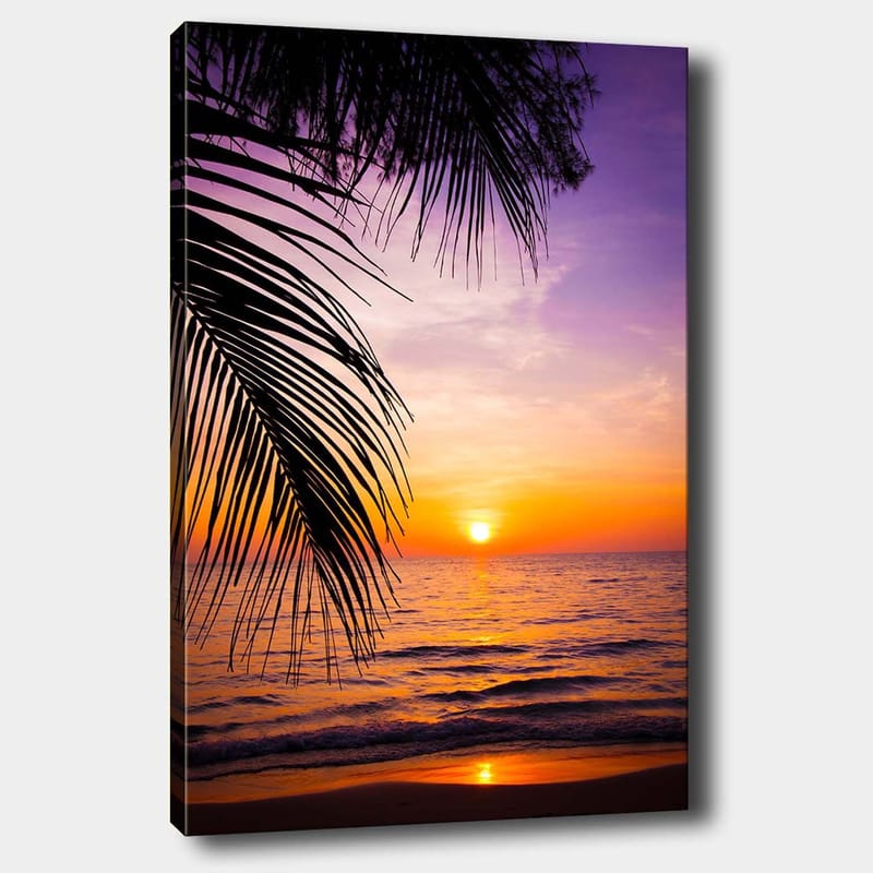Lerretsbilde 70x100 cm - Solnedgang over havet med palmer i forgrunnen, Lilla / Oransje / Gul