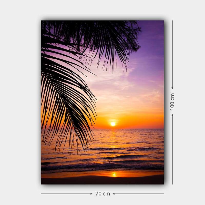 Lerretsbilde 70x100 cm - Solnedgang over havet med palmer i forgrunnen - Lilla / Oransje / Gul - Innredning - Bilder & kunst - Lerretsbilder