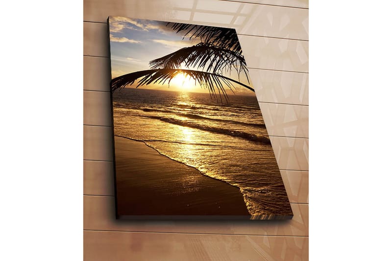 Lerretsbilde 70x100 cm - Solnedgang over havet med palmer i forgrunnen - Gull / Oransje / Brun - Innredning - Bilder & kunst - Lerretsbilder