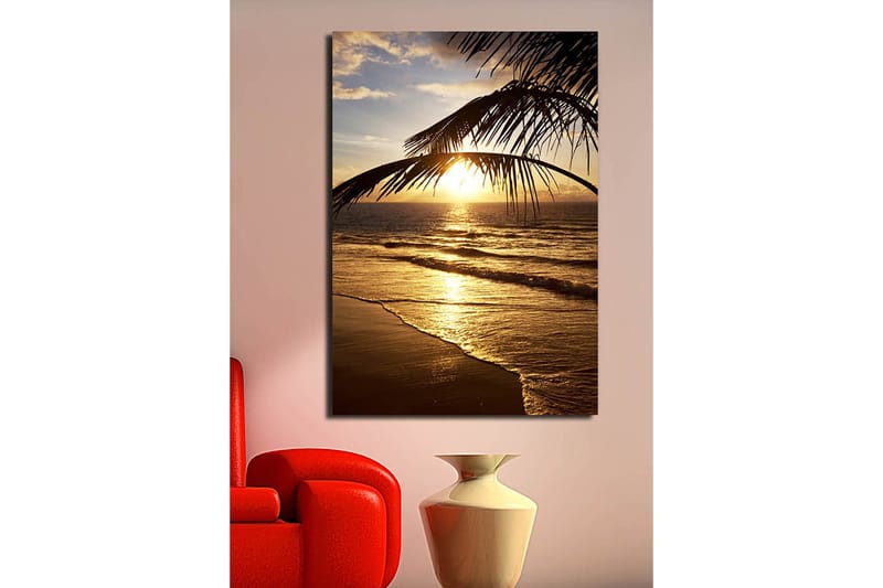 Lerretsbilde 70x100 cm - Solnedgang over havet med palmer i forgrunnen - Gull / Oransje / Brun - Innredning - Bilder & kunst - Lerretsbilder