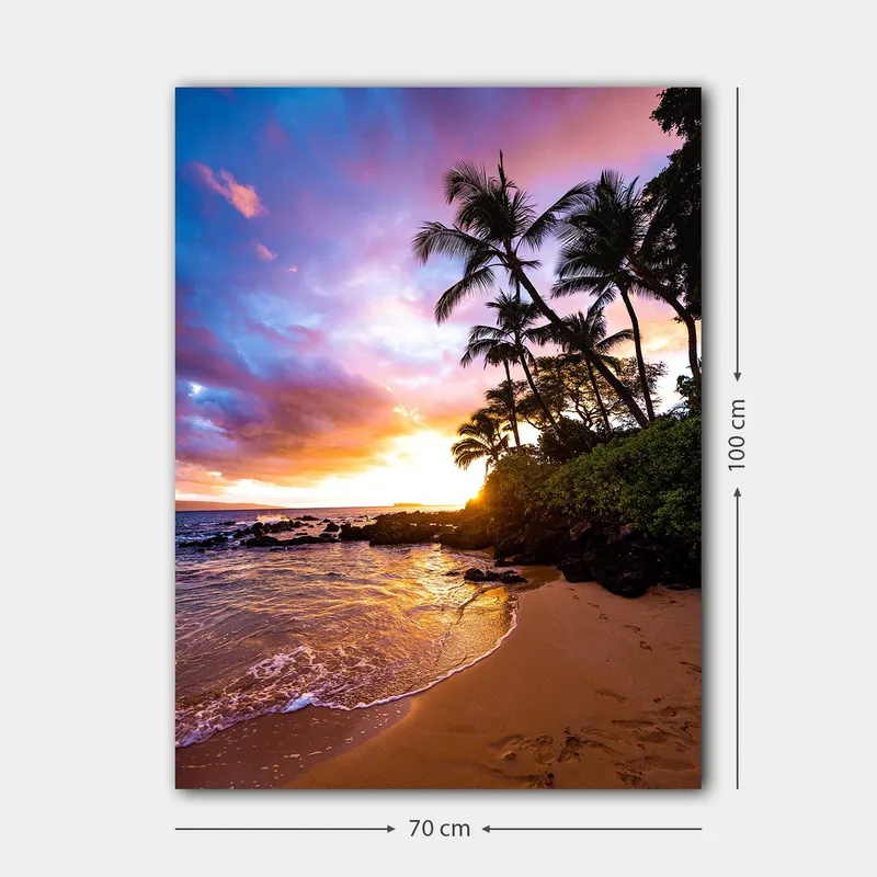 Lerretsbilde 70x100 cm - Solnedgang på stranden med palmer innrammet av fargerike skyer - Lilla / Oransje / Grønn - Innredning - Bilder & kunst - Lerretsbilder