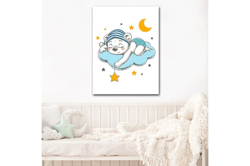 Lerretsbilde 70x100 cm - Sovende isbjørn liggende på en sky med stjerner og en måne rundt seg - Blå / Gul / Svart - Innredning - Bilder & kunst - Lerretsbilder
