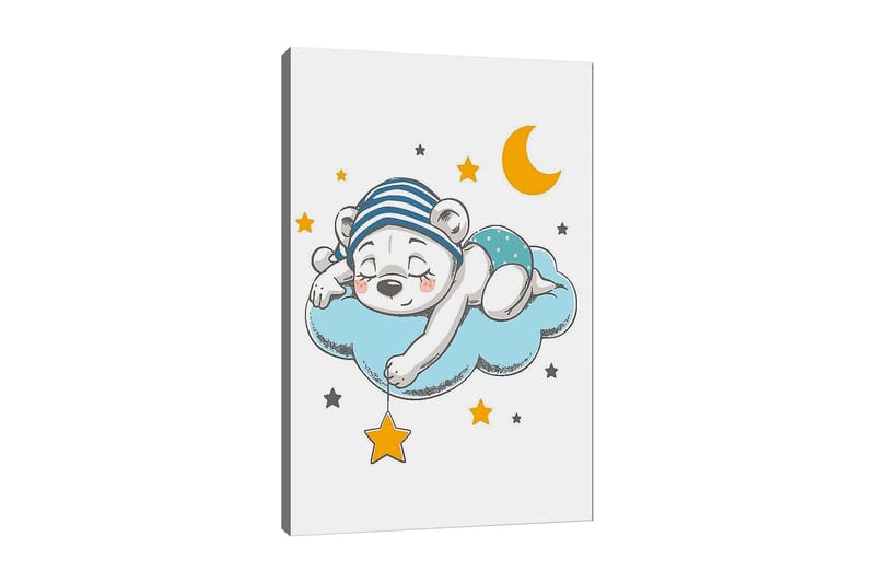 Lerretsbilde 70x100 cm - Sovende isbjørn liggende på en sky med stjerner og en måne rundt seg, Blå / Gul / Svart