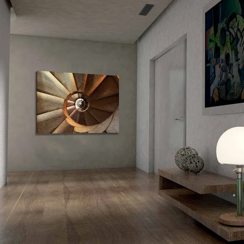 Lerretsbilde 70x100 cm - Spiraltrapp som fører nedover med et harmonisk og geometrisk design - Beige / Brun / Grå - Innredning - Bilder & kunst - Lerretsbilder