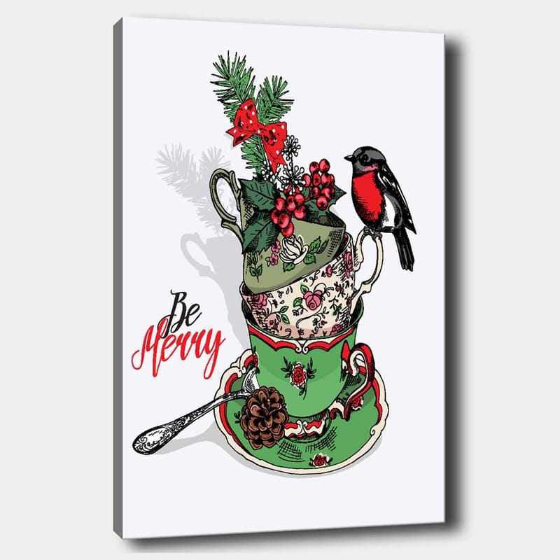 Lerretsbilde 70x100 cm - Stabel med dekorerte tekopper utsmykket med juleelementer og en fugl, Grønn / Rød / Svart