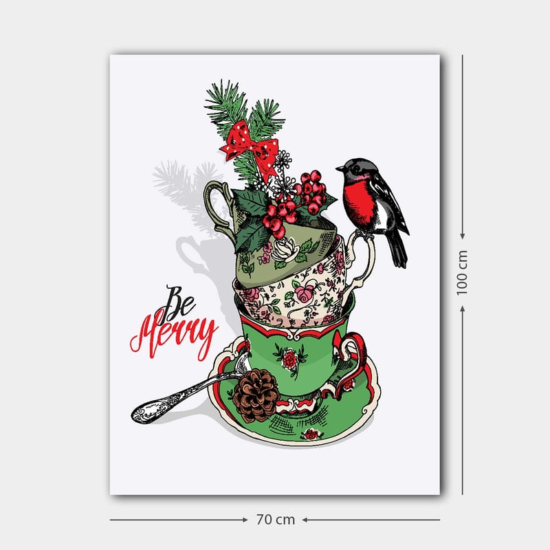 Lerretsbilde 70x100 cm - Stabel med dekorerte tekopper utsmykket med juleelementer og en fugl - Grønn / Rød / Svart - Innredning - Bilder & kunst - Lerretsbilder