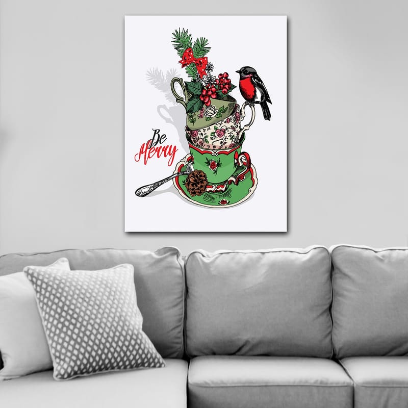 Lerretsbilde 70x100 cm - Stabel med dekorerte tekopper utsmykket med juleelementer og en fugl - Grønn / Rød / Svart - Innredning - Bilder & kunst - Lerretsbilder