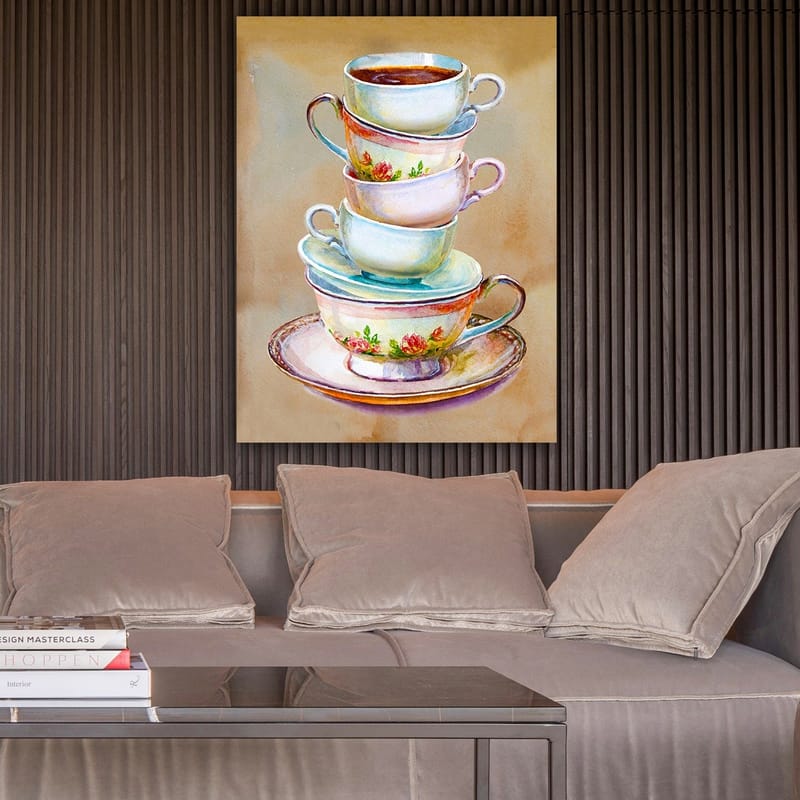 Lerretsbilde 70x100 cm - Stabel med fargerike tekopper med en bolle i bunnen - Blå / Rosa / Beige - Innredning - Bilder & kunst - Lerretsbilder