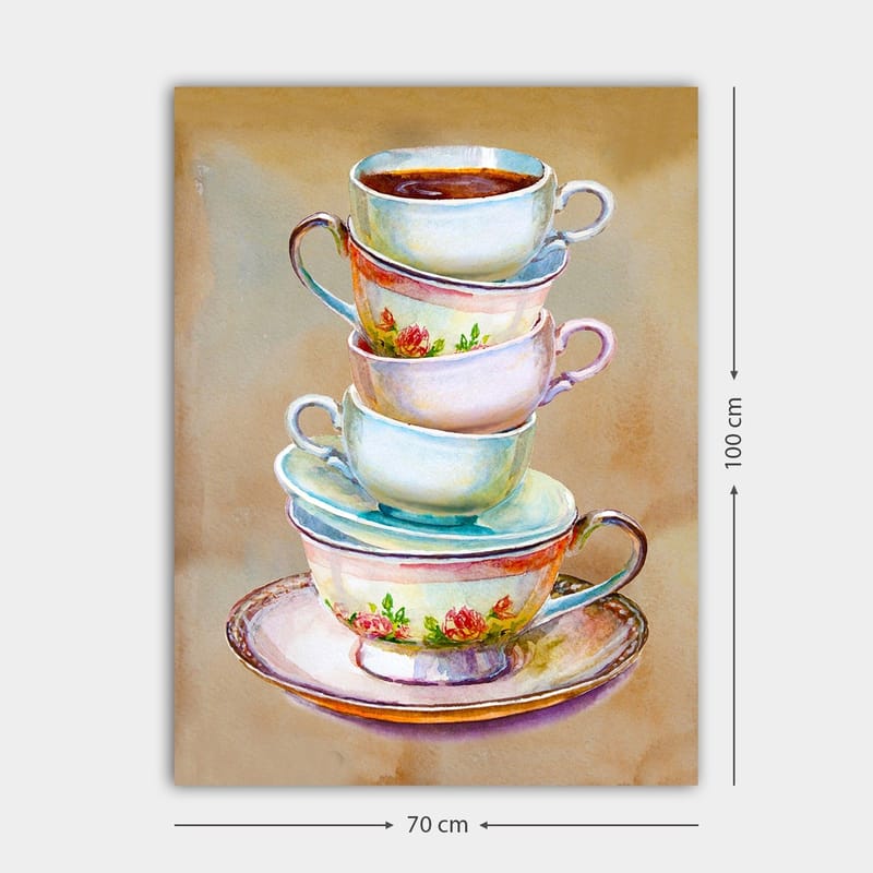 Lerretsbilde 70x100 cm - Stabel med fargerike tekopper med en bolle i bunnen - Blå / Rosa / Beige - Innredning - Bilder & kunst - Lerretsbilder