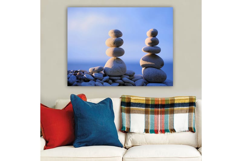 Lerretsbilde 70x100 cm - Stabile steiner i harmonisk balanse - Lys grå / Beige / Blå - Innredning - Bilder & kunst - Lerretsbilder