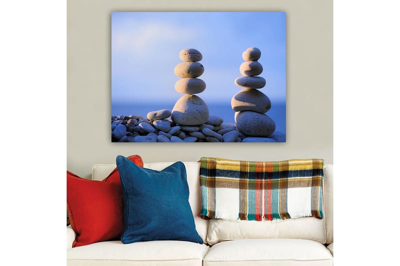 Lerretsbilde 70x100 cm - Stabile steiner i harmonisk balanse - Lys grå / Beige / Blå - Innredning - Bilder & kunst - Lerretsbilder