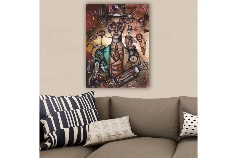 Lerretsbilde 70x100 cm - Steampunk-inspirert figur med mekaniske detaljer og hatt - Kobber / Grønn / Beige - Innredning - Bilder & kunst - Lerretsbilder