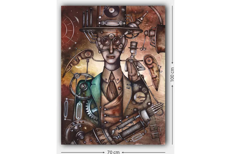 Lerretsbilde 70x100 cm - Steampunk-inspirert figur med mekaniske detaljer og hatt - Kobber / Grønn / Beige - Innredning - Bilder & kunst - Lerretsbilder