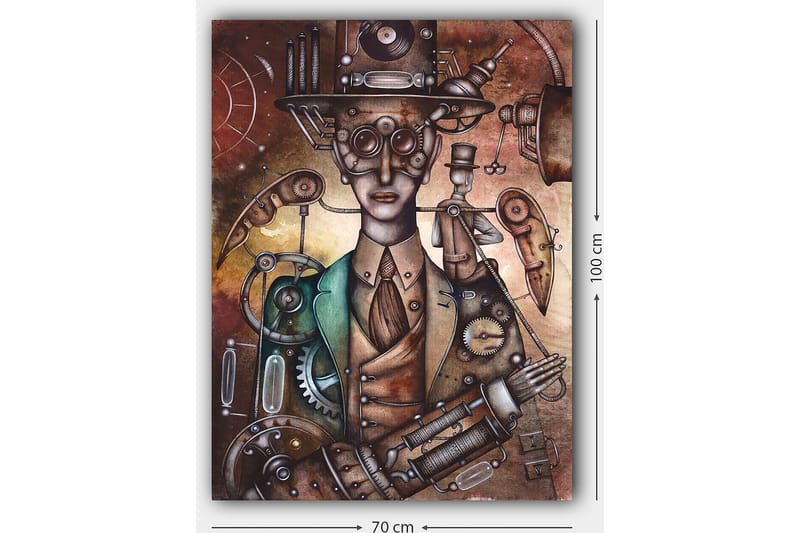 Lerretsbilde 70x100 cm - Steampunk-inspirert figur med mekaniske detaljer og hatt - Kobber / Grønn / Beige - Innredning - Bilder & kunst - Lerretsbilder
