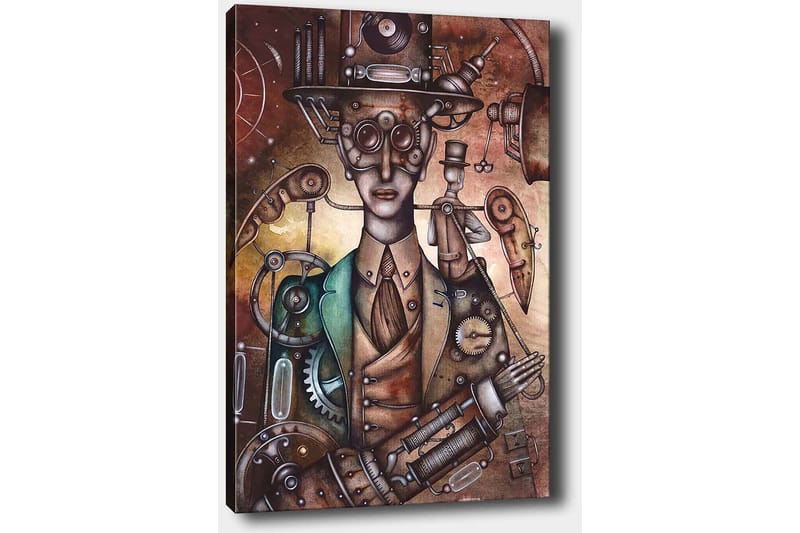 Lerretsbilde 70x100 cm - Steampunk-inspirert figur med mekaniske detaljer og hatt - Kobber / Grønn / Beige - Innredning - Bilder & kunst - Lerretsbilder