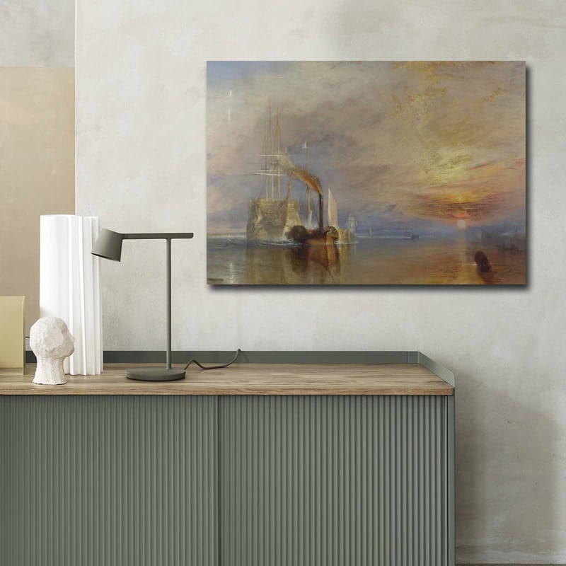 Lerretsbilde 70x100 cm - Stemningsfull innsjø med dampbåter som seiler under en fargerik himmel - Blå / Oransje / Grå - Innredning - Bilder & kunst - Lerretsbilder