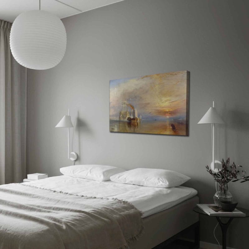 Lerretsbilde 70x100 cm - Stemningsfull innsjø med dampbåter som seiler under en fargerik himmel, Blå / Oransje / Grå