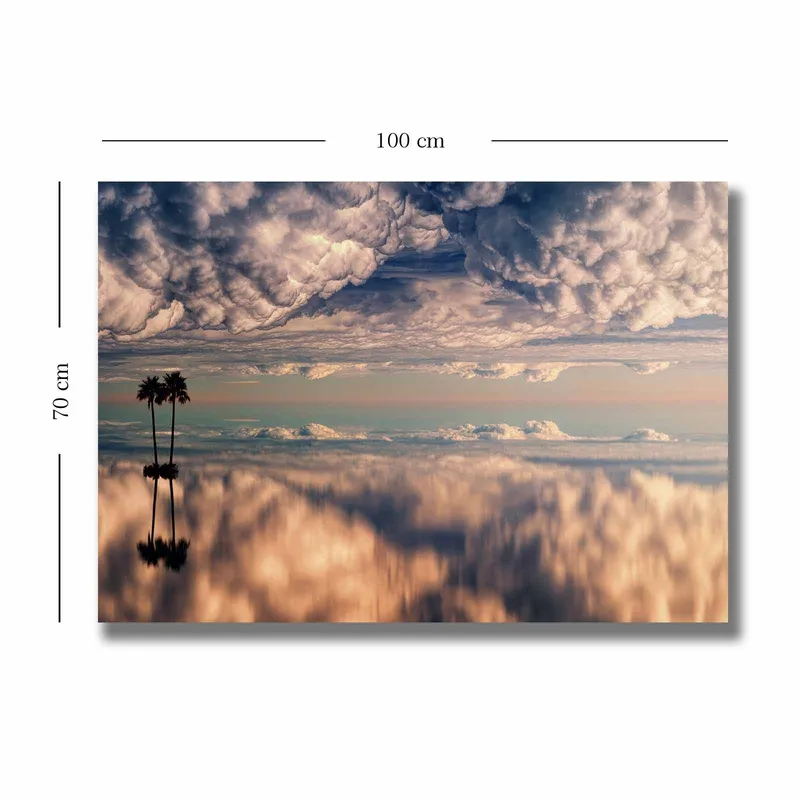 Lerretsbilde 70x100 cm - Stemningsfullt landskapsmaleri med palmer speilet i en drømmeaktig himmel fylt med skyer - Blå / Beige / Hvit - Innredning - Bilder & kunst - Lerretsbilder